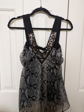 Y2K Vtg Lady Dutch Embellished Snake-Print Sleeveless Top - Black & Gray